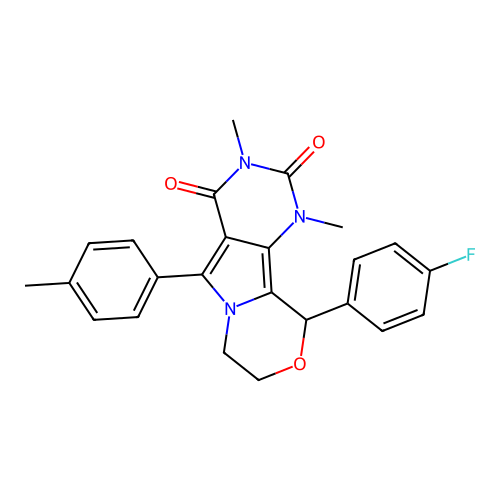 10-(4-fluorophenyl)-1,3-dimethyl-5-(4-methylphenyl)-1,7,8,10-tetrahydro-2H-pyrimido[4',5':3,4]pyrrolo[2,1-c][1,4]oxazine-2,4(3H)-dione structure