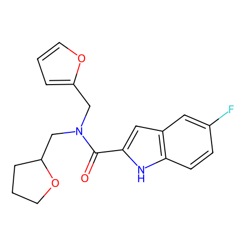 5-fluoro-N-(furan-2-ylmethyl)-N-((tetrahydrofuran-2-yl)methyl)-1H-indole-2-carboxamide structure