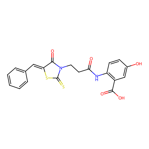 2-({3-[(5Z)-5-benzylidene-4-oxo-2-thioxo-1,3-thiazolidin-3-yl]propanoyl}amino)-5-hydroxybenzoic acid structure