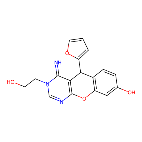 5-(furan-2-yl)-3-(2-hydroxyethyl)-4-imino-3,5-dihydro-4H-chromeno[2,3-d]pyrimidin-8-ol structure