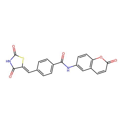4-[(Z)-(2,4-dioxo-1,3-thiazolidin-5-ylidene)methyl]-N-(2-oxo-2H-chromen-6-yl)benzamide structure