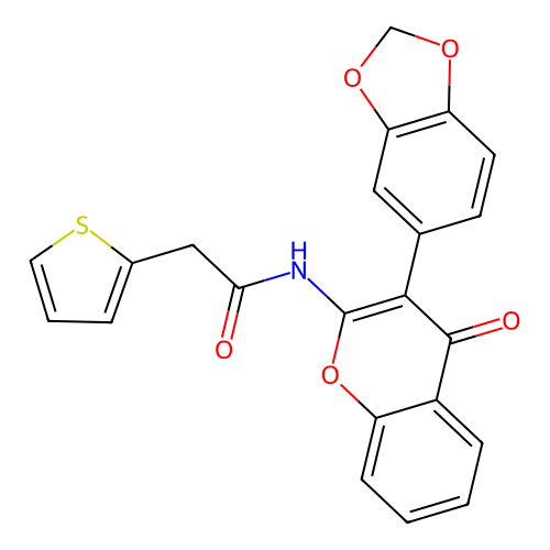 N-[3-(1,3-benzodioxol-5-yl)-4-oxochromen-2-yl]-2-thiophen-2-ylacetamide structure