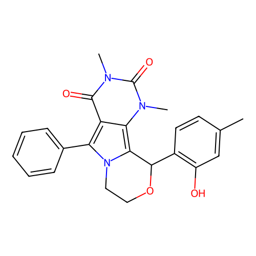 10-(2-hydroxy-4-methylphenyl)-1,3-dimethyl-5-phenyl-1,7,8,10-tetrahydro-2H-pyrimido[4',5':3,4]pyrrolo[2,1-c][1,4]oxazine-2,4(3H)-dione structure