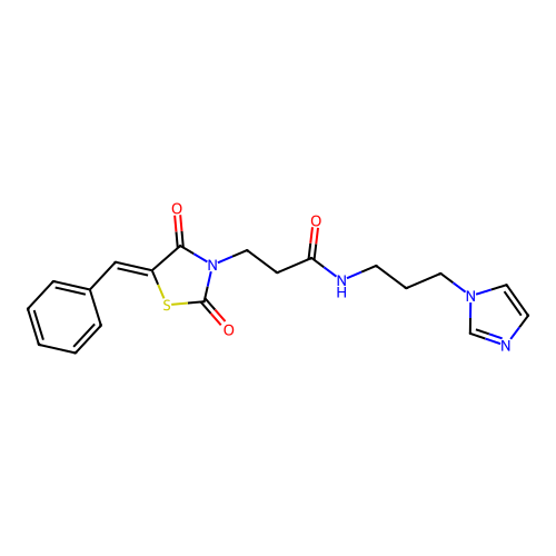 3-[(5Z)-5-benzylidene-2,4-dioxo-1,3-thiazolidin-3-yl]-N-[3-(1H-imidazol-1-yl)propyl]propanamide structure