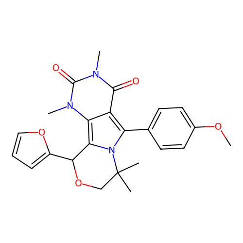 10-(furan-2-yl)-5-(4-methoxyphenyl)-1,3,7,7-tetramethyl-1,7,8,10-tetrahydro-2H-pyrimido[4',5':3,4]pyrrolo[2,1-c][1,4]oxazine-2,4(3H)-dione structure