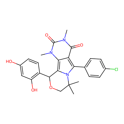 5-(4-chlorophenyl)-10-(2,4-dihydroxyphenyl)-1,3,7,7-tetramethyl-1,7,8,10-tetrahydro-2H-pyrimido[4',5':3,4]pyrrolo[2,1-c][1,4]oxazine-2,4(3H)-dione structure