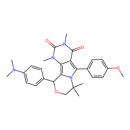 10-(4-(dimethylamino)phenyl)-5-(4-methoxyphenyl)-1,3,7,7-tetramethyl-7,8-dihydro-1H-pyrimido[4',5':3,4]pyrrolo[2,1-c][1,4]oxazine-2,4(3H,10H)-dione structure