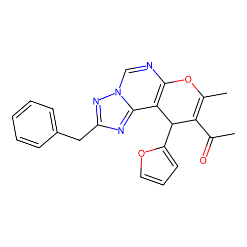 1-(2-benzyl-10-(furan-2-yl)-8-methyl-10H-pyrano[3,2-e][1,2,4]triazolo[1,5-c]pyrimidin-9-yl)ethanone structure