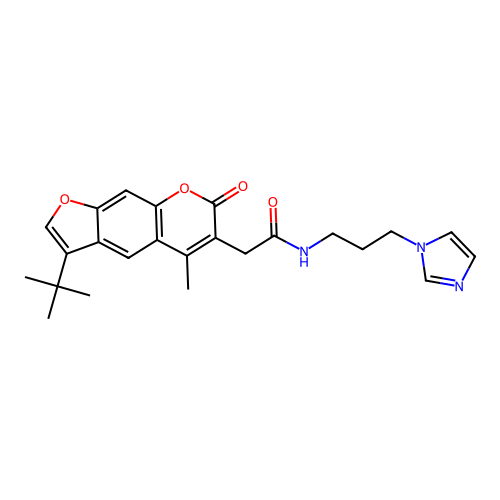 2-(3-tert-butyl-5-methyl-7-oxofuro[3,2-g]chromen-6-yl)-N-(3-imidazol-1-ylpropyl)acetamide structure