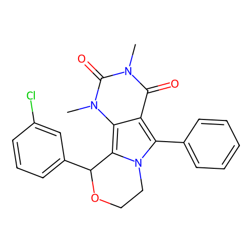 10-(3-chlorophenyl)-1,3-dimethyl-5-phenyl-1,7,8,10-tetrahydro-2H-pyrimido[4',5':3,4]pyrrolo[2,1-c][1,4]oxazine-2,4(3H)-dione structure