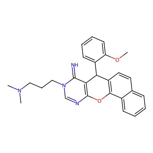 3-[8-imino-7-(2-methoxyphenyl)-7H-benzo[7,8]chromeno[2,3-d]pyrimidin-9(8H)-yl]-N,N-dimethylpropan-1-amine structure