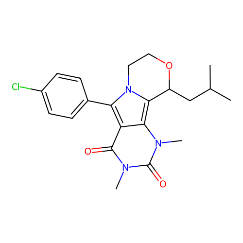 5-(4-chlorophenyl)-1,3-dimethyl-10-(2-methylpropyl)-1,7,8,10-tetrahydro-2H-pyrimido[4',5':3,4]pyrrolo[2,1-c][1,4]oxazine-2,4(3H)-dione structure