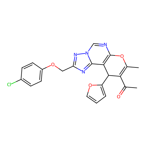 1-(2-((4-chlorophenoxy)methyl)-10-(furan-2-yl)-8-methyl-10H-pyrano[3,2-e][1,2,4]triazolo[1,5-c]pyrimidin-9-yl)ethanone structure