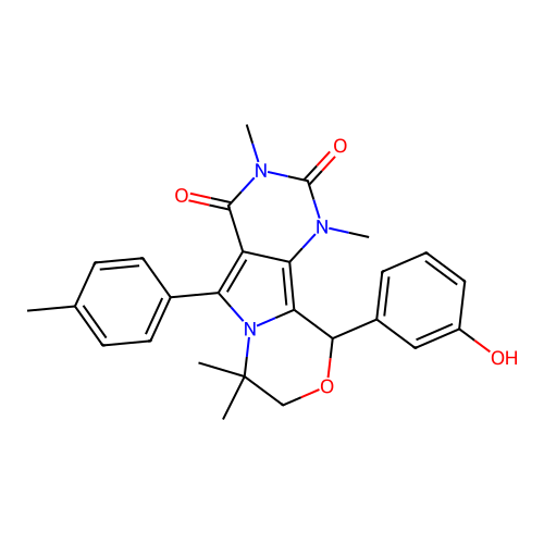 10-(3-hydroxyphenyl)-1,3,7,7-tetramethyl-5-(4-methylphenyl)-1,7,8,10-tetrahydro-2H-pyrimido[4',5':3,4]pyrrolo[2,1-c][1,4]oxazine-2,4(3H)-dione structure