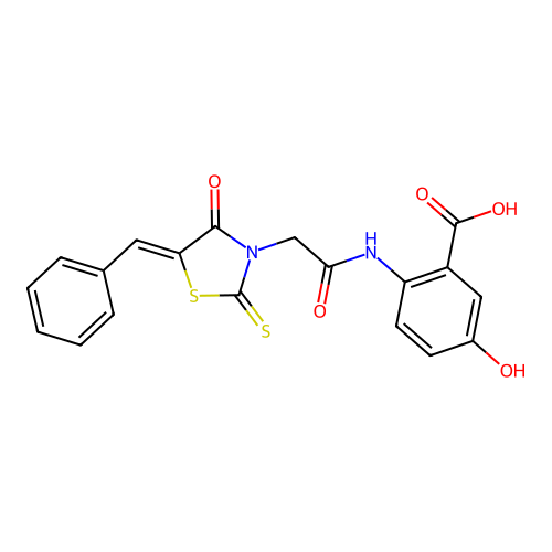 2-({[(5Z)-5-benzylidene-4-oxo-2-thioxo-1,3-thiazolidin-3-yl]acetyl}amino)-5-hydroxybenzoic acid structure