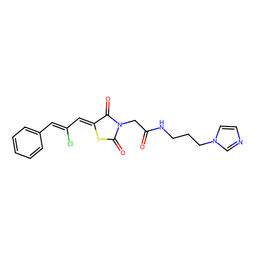 2-{(5Z)-5-[(2Z)-2-chloro-3-phenylprop-2-en-1-ylidene]-2,4-dioxo-1,3-thiazolidin-3-yl}-N-[3-(1H-imidazol-1-yl)propyl]acetamide structure