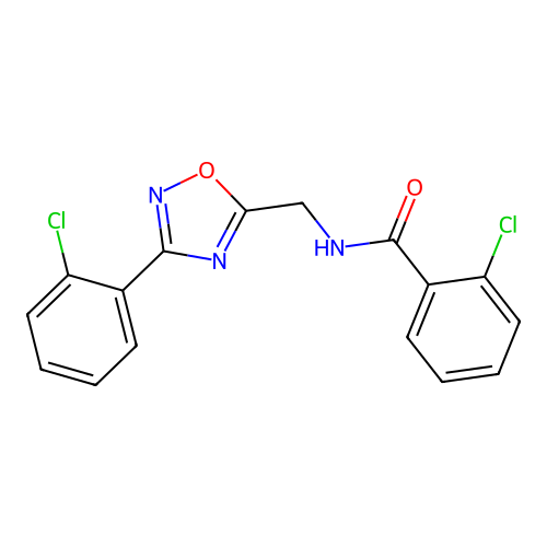 2-chloro-N-((3-(2-chlorophenyl)-1,2,4-oxadiazol-5-yl)methyl)benzamide structure
