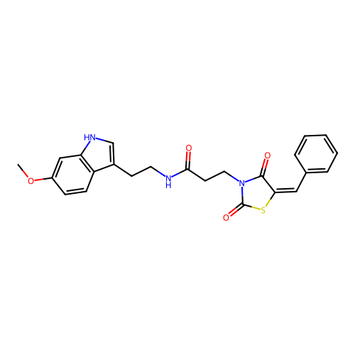 3-[(5E)-5-benzylidene-2,4-dioxo-1,3-thiazolidin-3-yl]-N-[2-(6-methoxy-1H-indol-3-yl)ethyl]propanamide structure