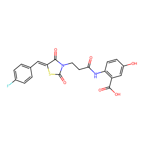 2-({3-[(5Z)-5-(4-fluorobenzylidene)-2,4-dioxo-1,3-thiazolidin-3-yl]propanoyl}amino)-5-hydroxybenzoic acid structure