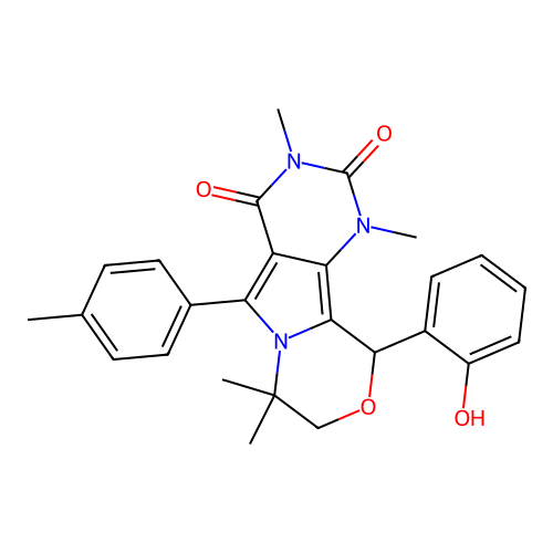 10-(2-hydroxyphenyl)-1,3,7,7-tetramethyl-5-(4-methylphenyl)-1,7,8,10-tetrahydro-2H-pyrimido[4',5':3,4]pyrrolo[2,1-c][1,4]oxazine-2,4(3H)-dione structure