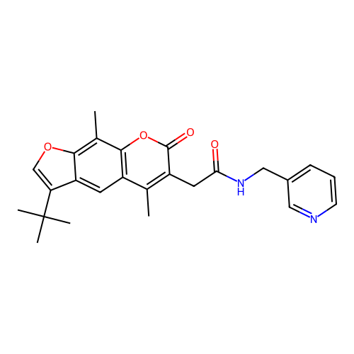 2-(3-(tert-butyl)-5,9-dimethyl-7-oxo-7H-furo[3,2-g]chromen-6-yl)-N-(pyridin-3-ylmethyl)acetamide structure