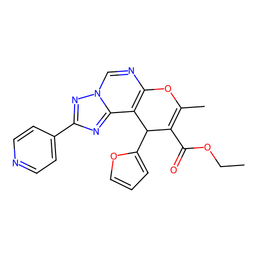 ethyl 10-(furan-2-yl)-8-methyl-2-(pyridin-4-yl)-10H-pyrano[3,2-e][1,2,4]triazolo[1,5-c]pyrimidine-9-carboxylate structure