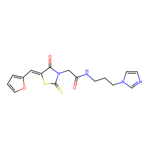 2-[(5Z)-5-(furan-2-ylmethylidene)-4-oxo-2-thioxo-1,3-thiazolidin-3-yl]-N-[3-(1H-imidazol-1-yl)propyl]acetamide structure