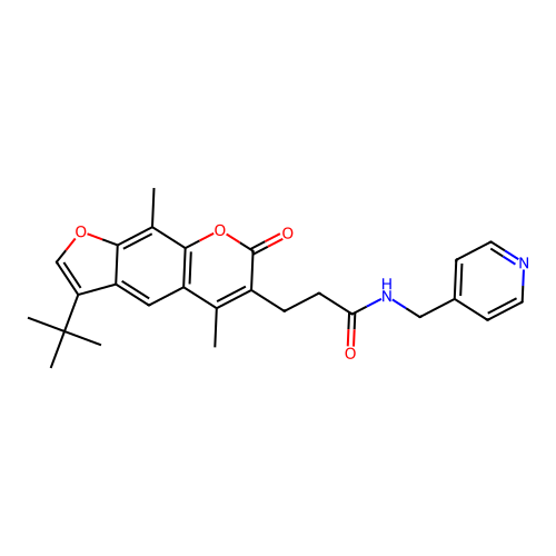 3-(3-(tert-butyl)-5,9-dimethyl-7-oxo-7H-furo[3,2-g]chromen-6-yl)-N-(pyridin-4-ylmethyl)propanamide structure