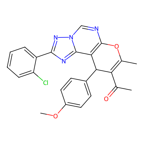 1-(2-(2-chlorophenyl)-10-(4-methoxyphenyl)-8-methyl-10H-pyrano[3,2-e][1,2,4]triazolo[1,5-c]pyrimidin-9-yl)ethanone structure