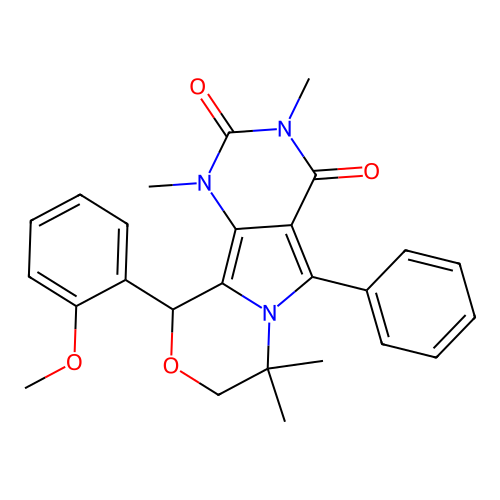 10-(2-methoxyphenyl)-1,3,7,7-tetramethyl-5-phenyl-1,7,8,10-tetrahydro-2H-pyrimido[4',5':3,4]pyrrolo[2,1-c][1,4]oxazine-2,4(3H)-dione structure