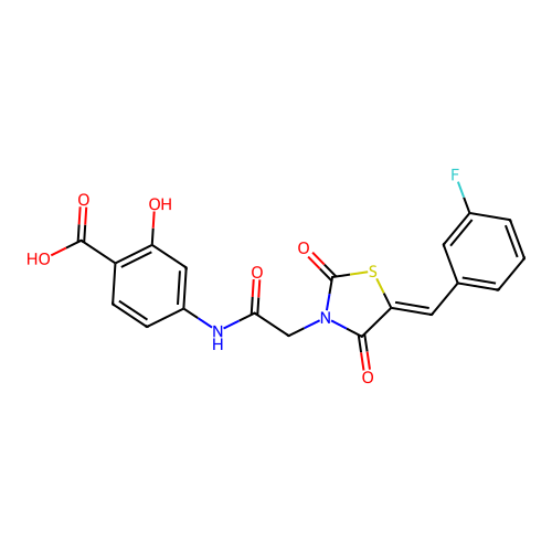4-({[(5Z)-5-(3-fluorobenzylidene)-2,4-dioxo-1,3-thiazolidin-3-yl]acetyl}amino)-2-hydroxybenzoic acid structure