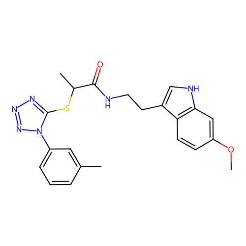 N-[2-(6-methoxy-1H-indol-3-yl)ethyl]-2-{[1-(3-methylphenyl)-1H-tetrazol-5-yl]sulfanyl}propanamide structure