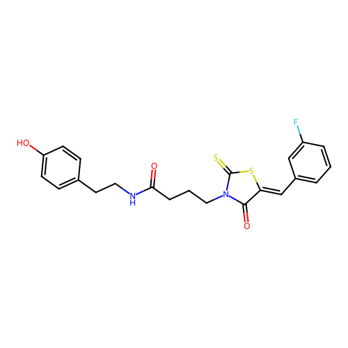 4-[(5Z)-5-(3-fluorobenzylidene)-4-oxo-2-thioxo-1,3-thiazolidin-3-yl]-N-[2-(4-hydroxyphenyl)ethyl]butanamide structure