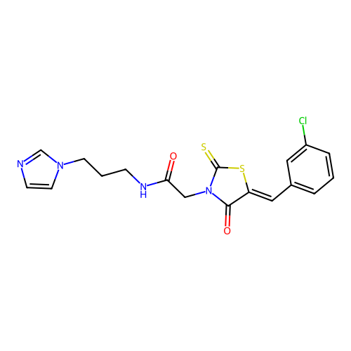 2-[(5Z)-5-(3-chlorobenzylidene)-4-oxo-2-thioxo-1,3-thiazolidin-3-yl]-N-[3-(1H-imidazol-1-yl)propyl]acetamide structure
