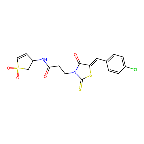 3-[(5Z)-5-[(4-chlorophenyl)methylidene]-4-oxo-2-sulfanylidene-1,3-thiazolidin-3-yl]-N-(1,1-dioxo-2,3-dihydrothiophen-3-yl)propanamide structure