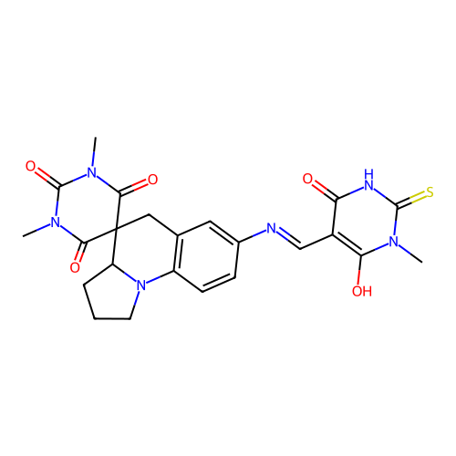 (E)-7'-(((2-mercapto-1-methyl-4,6-dioxo-1,6-dihydropyrimidin-5(4H)-ylidene)methyl)amino)-1,3-dimethyl-2',3',3a',5'-tetrahydro-1H,1'H-spiro[pyrimidine-5,4'-pyrrolo[1,2-a]quinoline]-2,4,6(3H)-trione structure