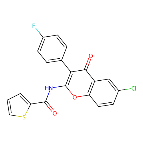 N-(6-chloro-3-(4-fluorophenyl)-4-oxo-4H-chromen-2-yl)thiophene-2-carboxamide structure