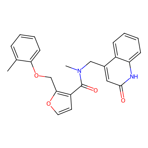 N-((2-hydroxyquinolin-4-yl)methyl)-N-methyl-2-((o-tolyloxy)methyl)furan-3-carboxamide structure