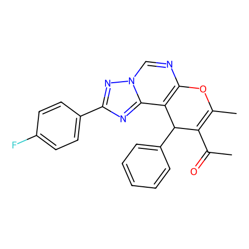 1-(2-(4-fluorophenyl)-8-methyl-10-phenyl-10H-pyrano[3,2-e][1,2,4]triazolo[1,5-c]pyrimidin-9-yl)ethanone structure