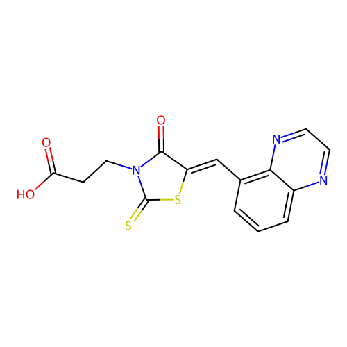 (Z)-3-(4-oxo-5-(quinoxalin-5-ylmethylene)-2-thioxothiazolidin-3-yl)propanoic acid structure