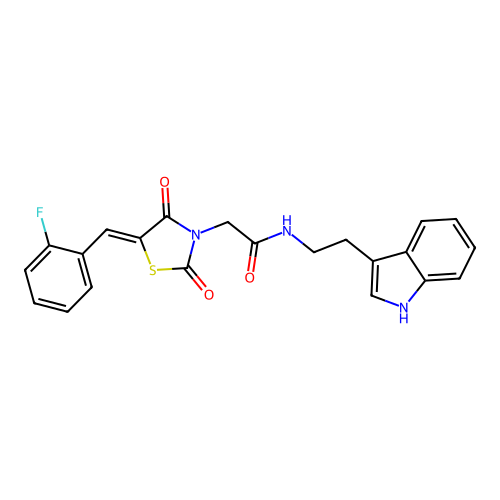 2-[(5Z)-5-(2-fluorobenzylidene)-2,4-dioxo-1,3-thiazolidin-3-yl]-N-[2-(1H-indol-3-yl)ethyl]acetamide structure