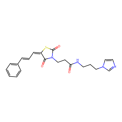 3-[(5E)-2,4-dioxo-5-[(E)-3-phenylprop-2-enylidene]-1,3-thiazolidin-3-yl]-N-(3-imidazol-1-ylpropyl)propanamide structure
