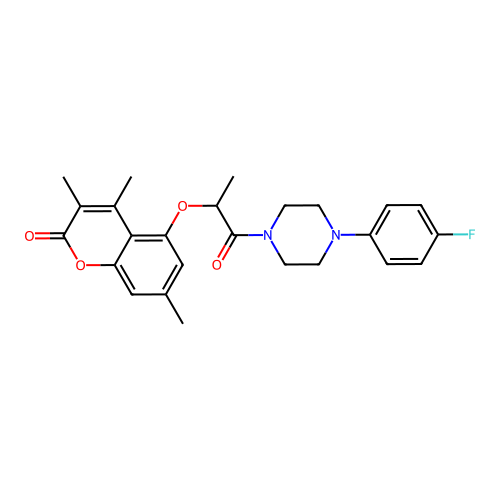 5-((1-(4-(4-fluorophenyl)piperazin-1-yl)-1-oxopropan-2-yl)oxy)-3,4,7-trimethyl-2H-chromen-2-one structure