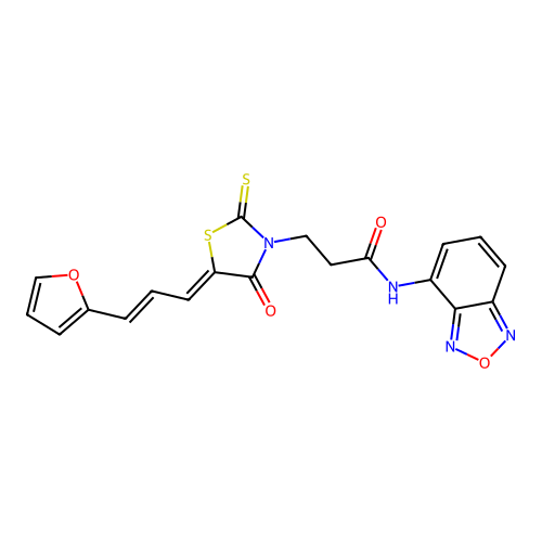 N-(2,1,3-benzoxadiazol-4-yl)-3-[(5Z)-5-[(E)-3-(furan-2-yl)prop-2-enylidene]-4-oxo-2-sulfanylidene-1,3-thiazolidin-3-yl]propanamide structure