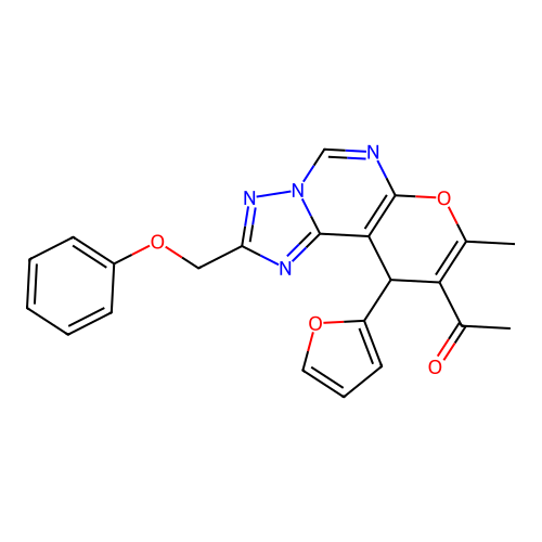 1-(10-(furan-2-yl)-8-methyl-2-(phenoxymethyl)-10H-pyrano[3,2-e][1,2,4]triazolo[1,5-c]pyrimidin-9-yl)ethanone structure