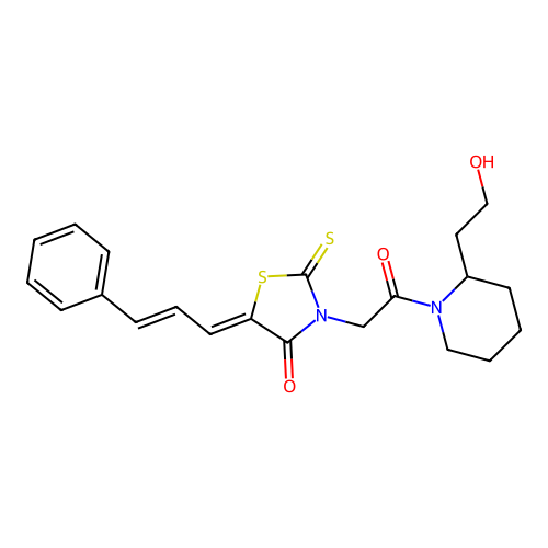 (5Z)-3-{2-[2-(2-hydroxyethyl)piperidin-1-yl]-2-oxoethyl}-5-[(2E)-3-phenylprop-2-en-1-ylidene]-2-thioxo-1,3-thiazolidin-4-one structure