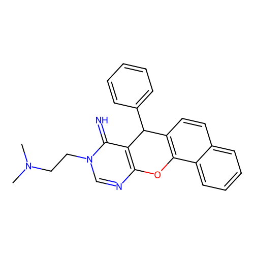 2-(8-imino-7-phenyl-7H-benzo[7,8]chromeno[2,3-d]pyrimidin-9(8H)-yl)-N,N-dimethylethanamine structure
