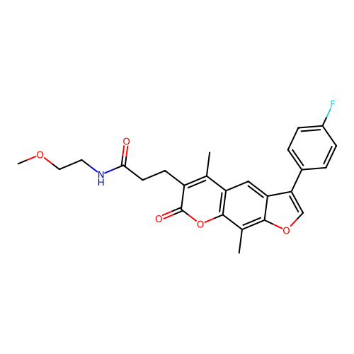 3-(3-(4-fluorophenyl)-5,9-dimethyl-7-oxo-7H-furo[3,2-g]chromen-6-yl)-N-(2-methoxyethyl)propanamide structure