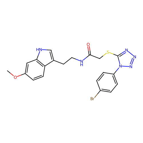 2-[1-(4-bromophenyl)tetrazol-5-yl]sulfanyl-N-[2-(6-methoxy-1H-indol-3-yl)ethyl]acetamide structure