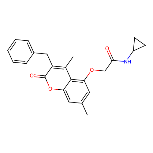 2-((3-benzyl-4,7-dimethyl-2-oxo-2H-chromen-5-yl)oxy)-N-cyclopropylacetamide structure